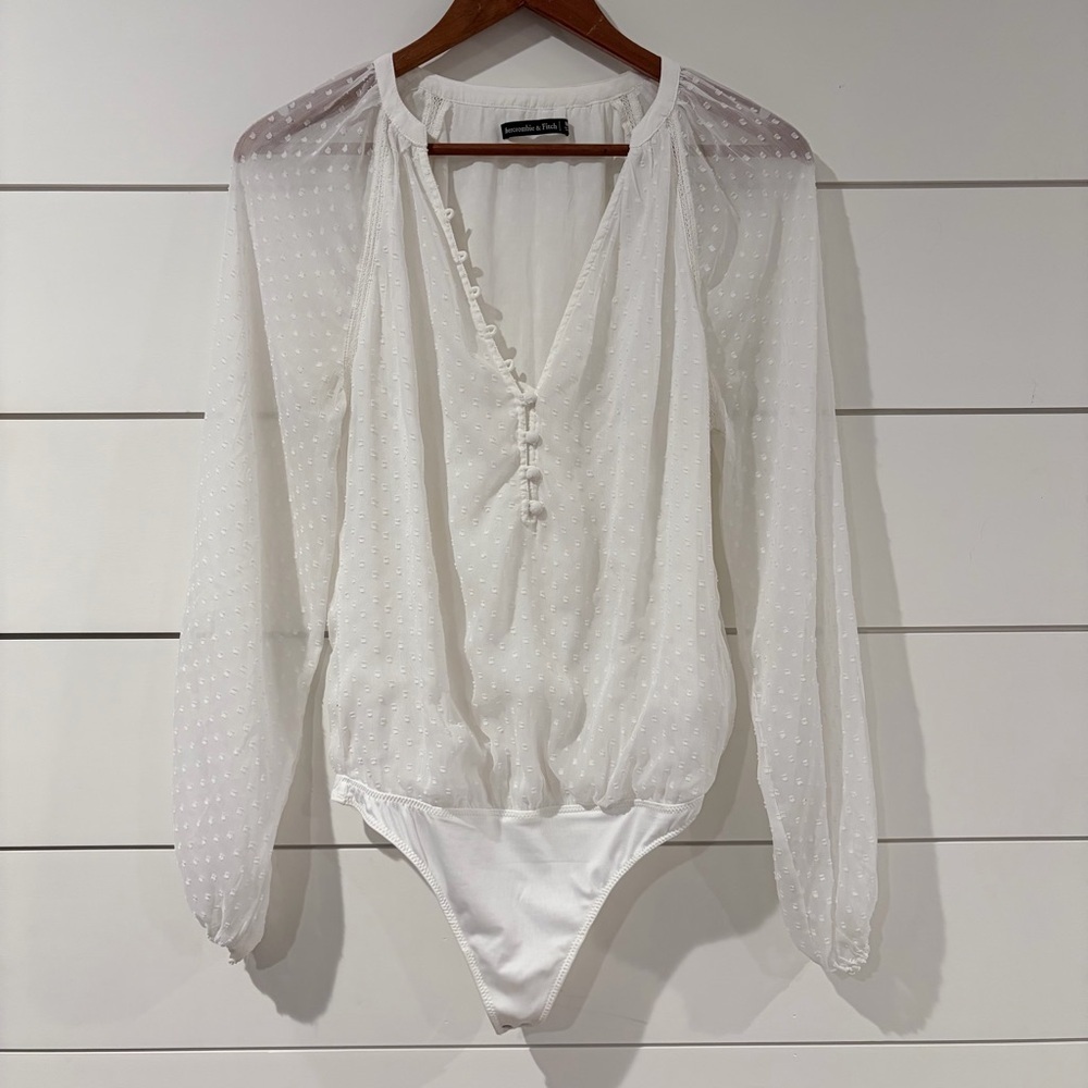Abercrombie White Swiss Dot Sheer Bodysuit Blouse Cottagecore Coquette Medium - Picture 3 of 14